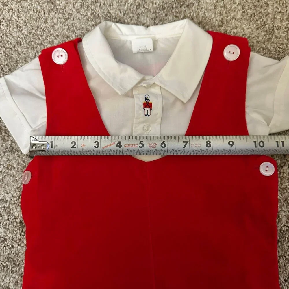 VINTAGE 2 pc Baby Boy Red Overall Romper Outfit 18mo embroidered velvet soldier